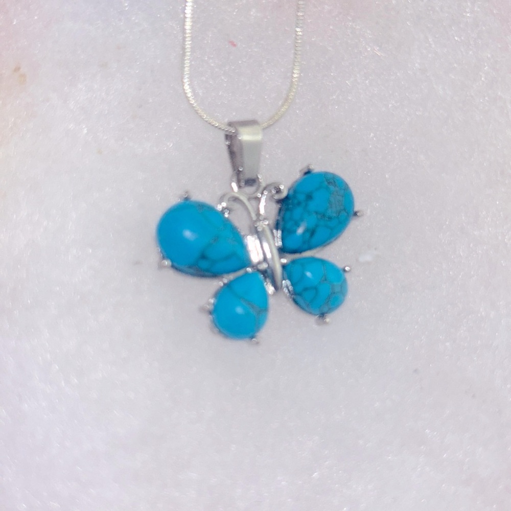 Boho hippie Blue Howlite Crystal Butterfly Sterling Silver 24” Necklace